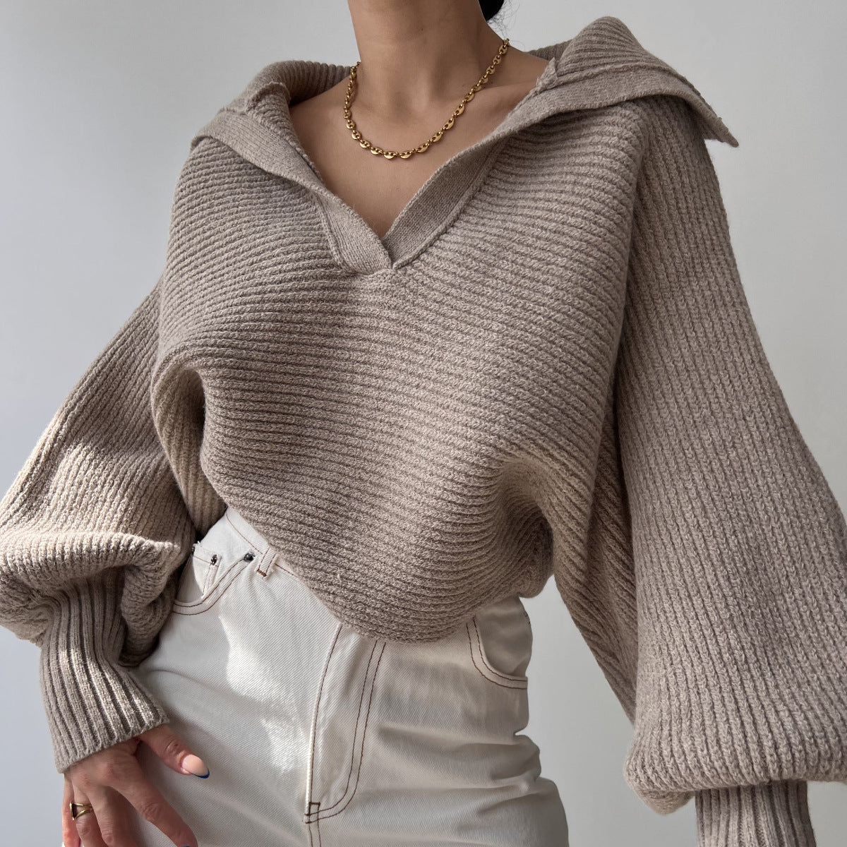 Pullover da donna primavera e autunno lavorato a maglia, maglione bavero