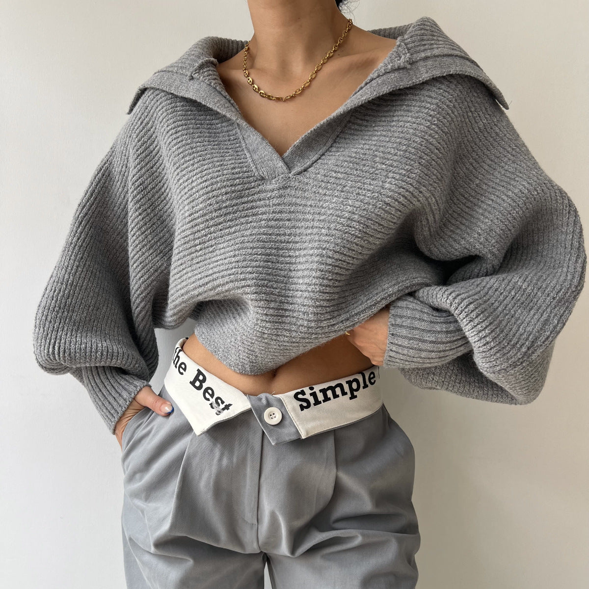 Pullover da donna primavera e autunno lavorato a maglia, maglione bavero