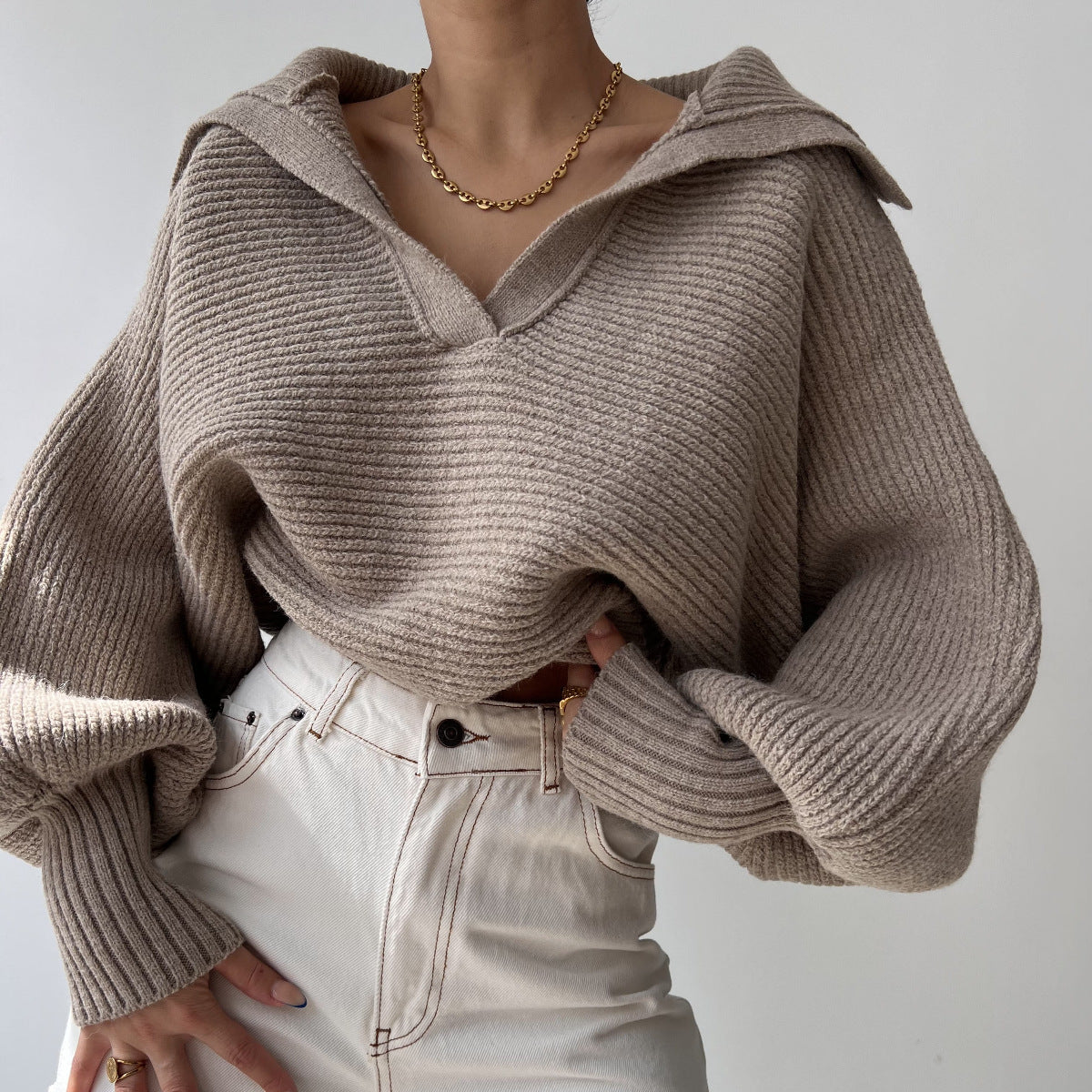 Pullover da donna primavera e autunno lavorato a maglia, maglione bavero