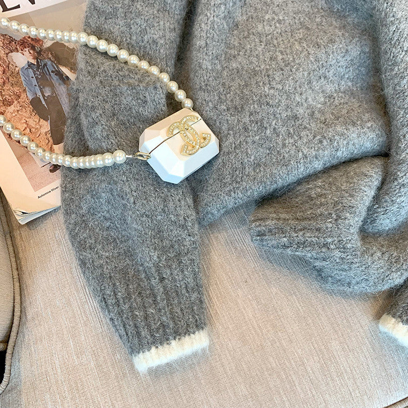 Maglione casual da donna grigio con colletto tondo