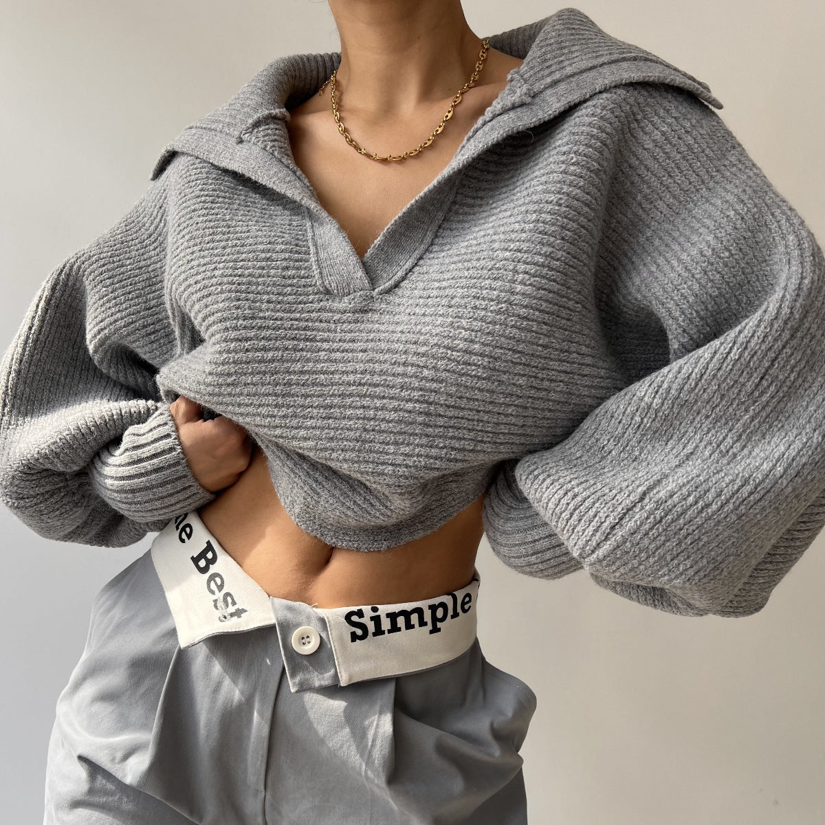 Pullover da donna primavera e autunno lavorato a maglia, maglione bavero