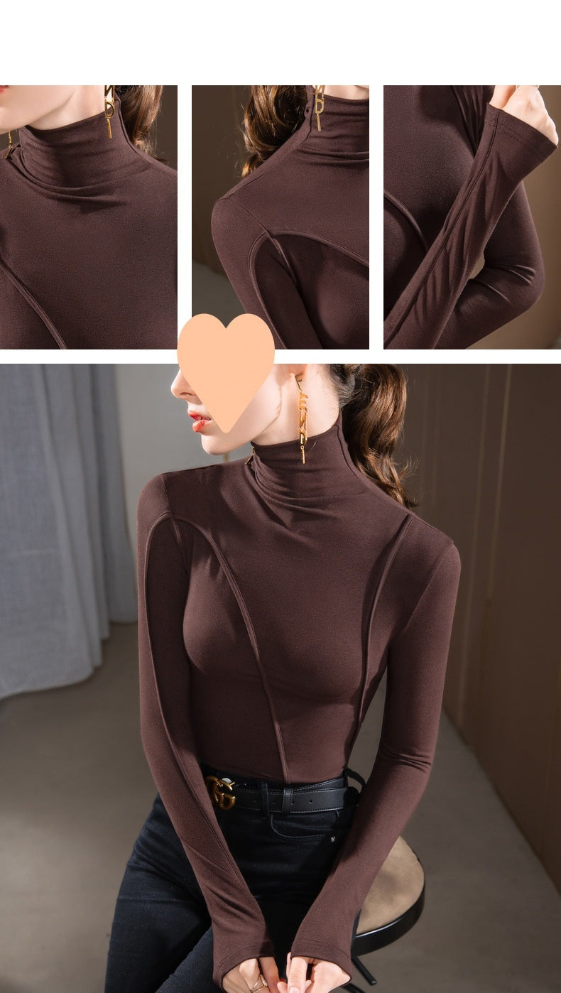 Maglia a collo alto da donna, vestibilità slim, cuciture interne, manica lunga