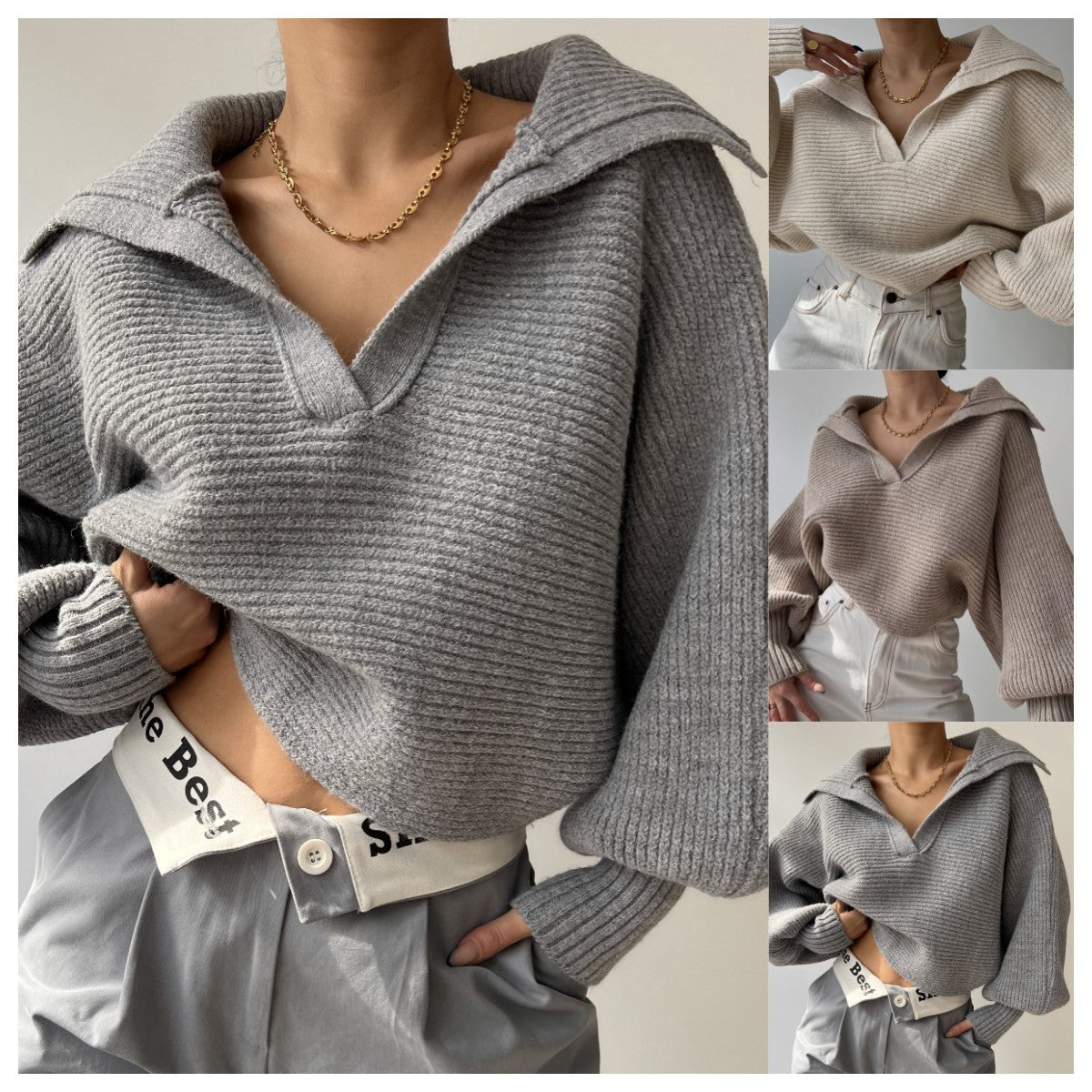 Pullover da donna primavera e autunno lavorato a maglia, maglione bavero