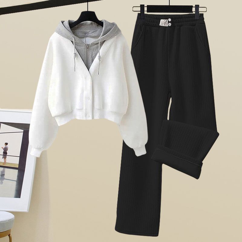 Set da due pezzi maglione con cappuccio in due pezzi finto, pantaloni sportivi a gamba larga da donna