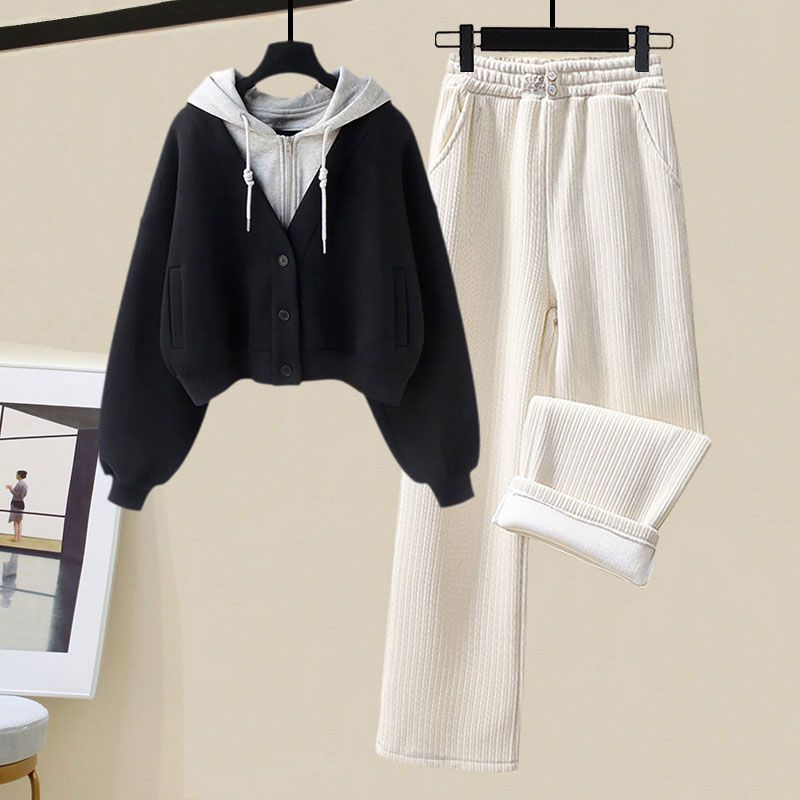 Set da due pezzi maglione con cappuccio in due pezzi finto, pantaloni sportivi a gamba larga da donna