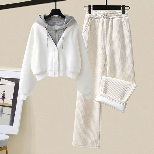 Set da due pezzi maglione con cappuccio in due pezzi finto, pantaloni sportivi a gamba larga da donna
