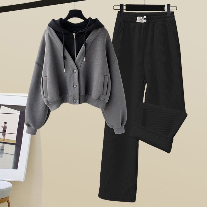 Set da due pezzi maglione con cappuccio in due pezzi finto, pantaloni sportivi a gamba larga da donna