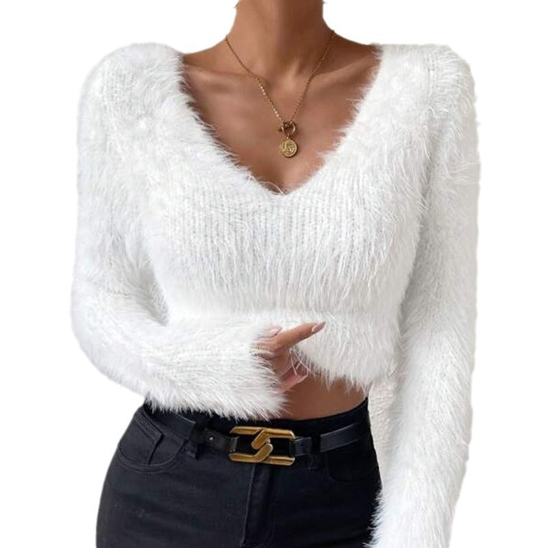 Maglione da donna corto in peluche tinta unita e scollo a V slim fit