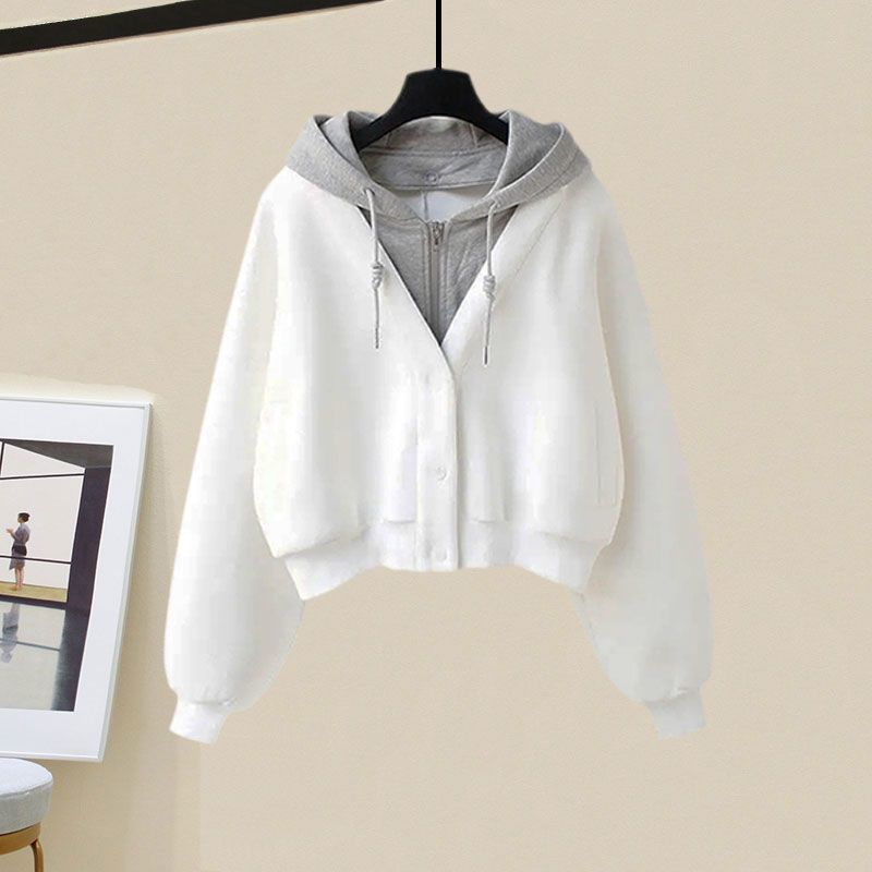 Set da due pezzi maglione con cappuccio in due pezzi finto, pantaloni sportivi a gamba larga da donna