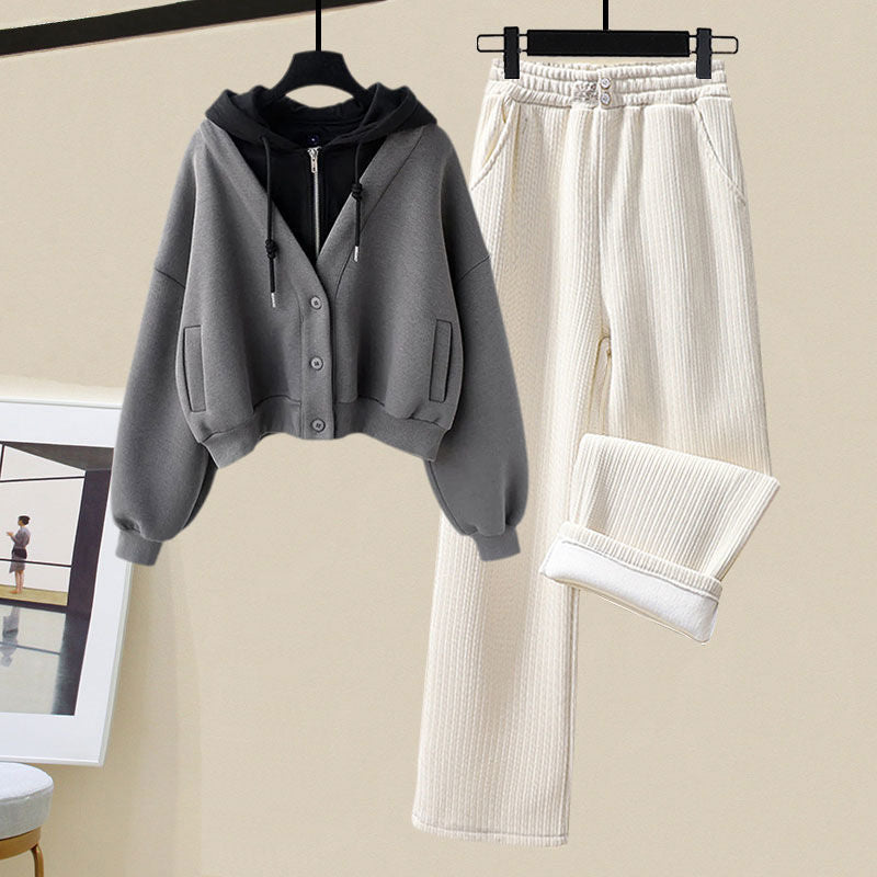 Set da due pezzi maglione con cappuccio in due pezzi finto, pantaloni sportivi a gamba larga da donna