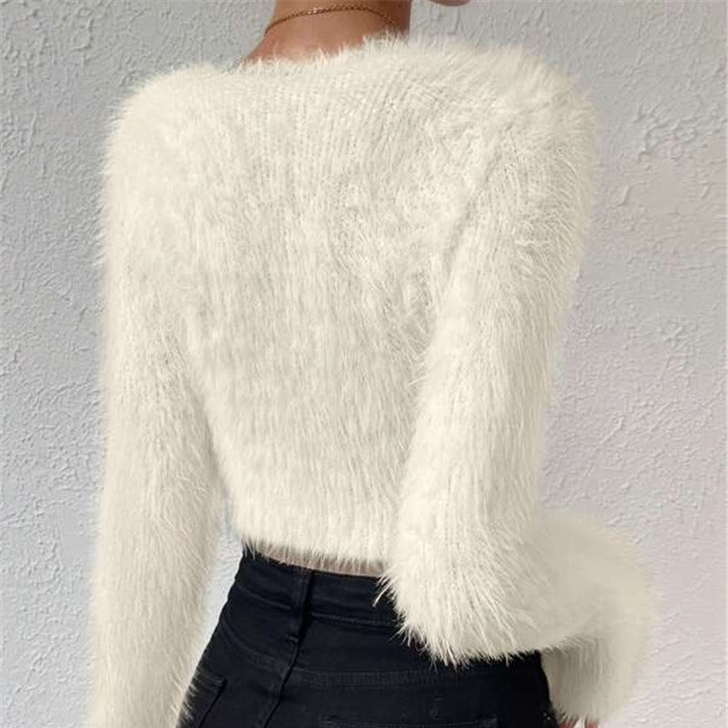 Maglione da donna corto in peluche tinta unita e scollo a V slim fit