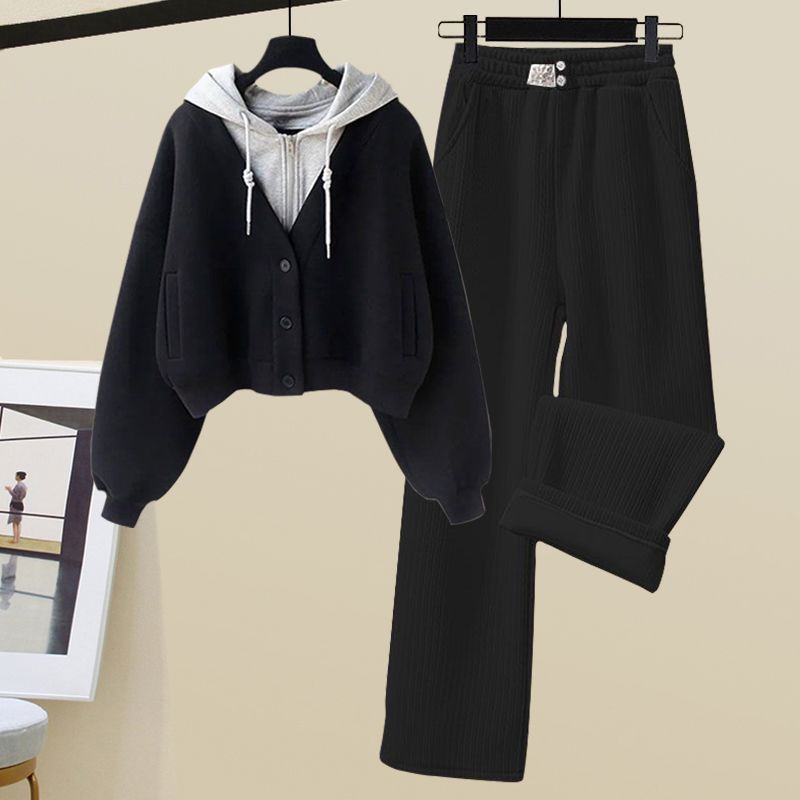 Set da due pezzi maglione con cappuccio in due pezzi finto, pantaloni sportivi a gamba larga da donna