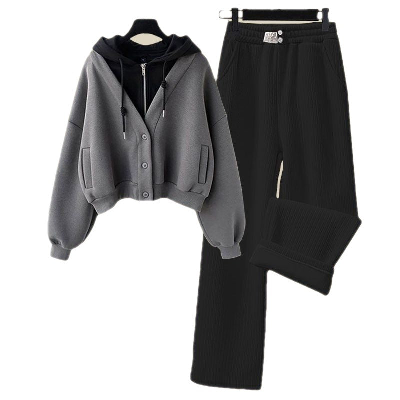 Set da due pezzi maglione con cappuccio in due pezzi finto, pantaloni sportivi a gamba larga da donna