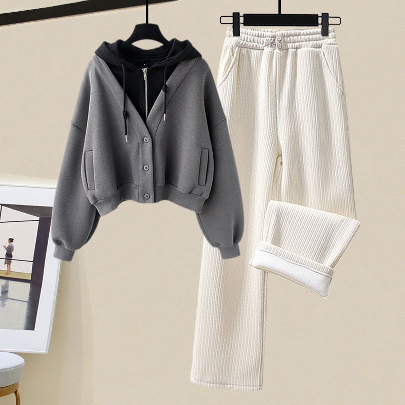 Set da due pezzi maglione con cappuccio in due pezzi finto, pantaloni sportivi a gamba larga da donna
