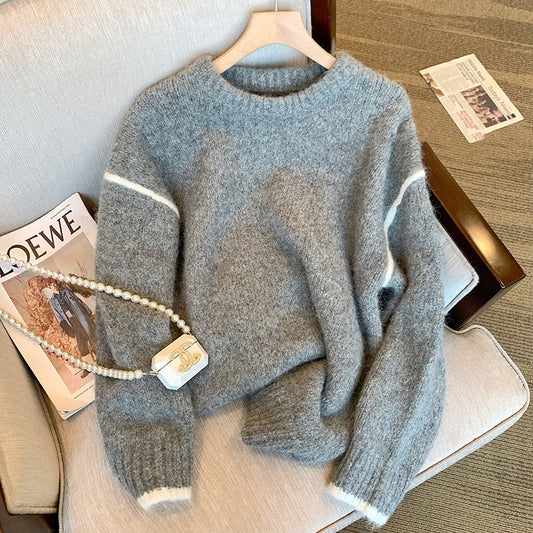 Maglione casual da donna grigio con colletto tondo