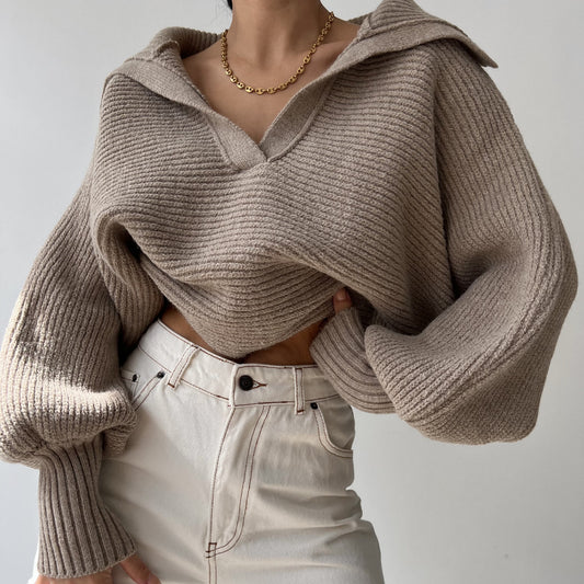 Pullover da donna primavera e autunno lavorato a maglia, maglione bavero
