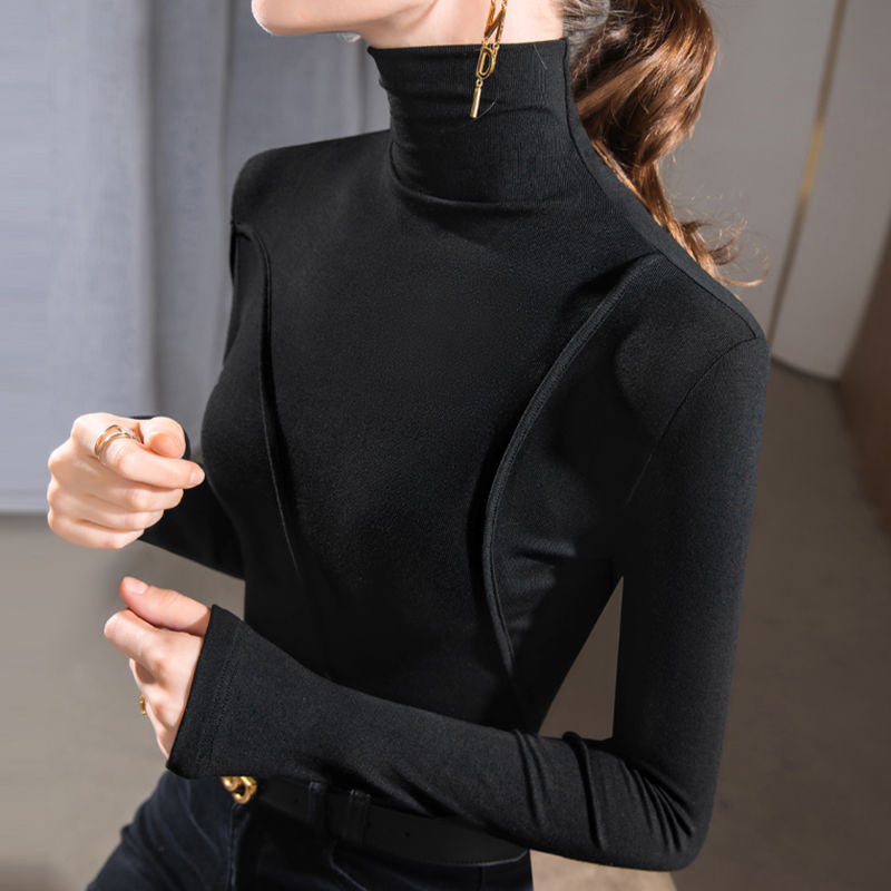 Maglia a collo alto da donna, vestibilità slim, cuciture interne, manica lunga