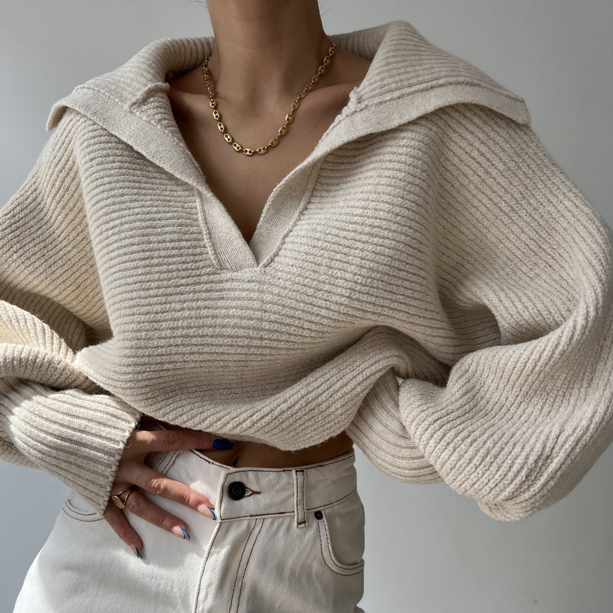 Pullover da donna primavera e autunno lavorato a maglia, maglione bavero