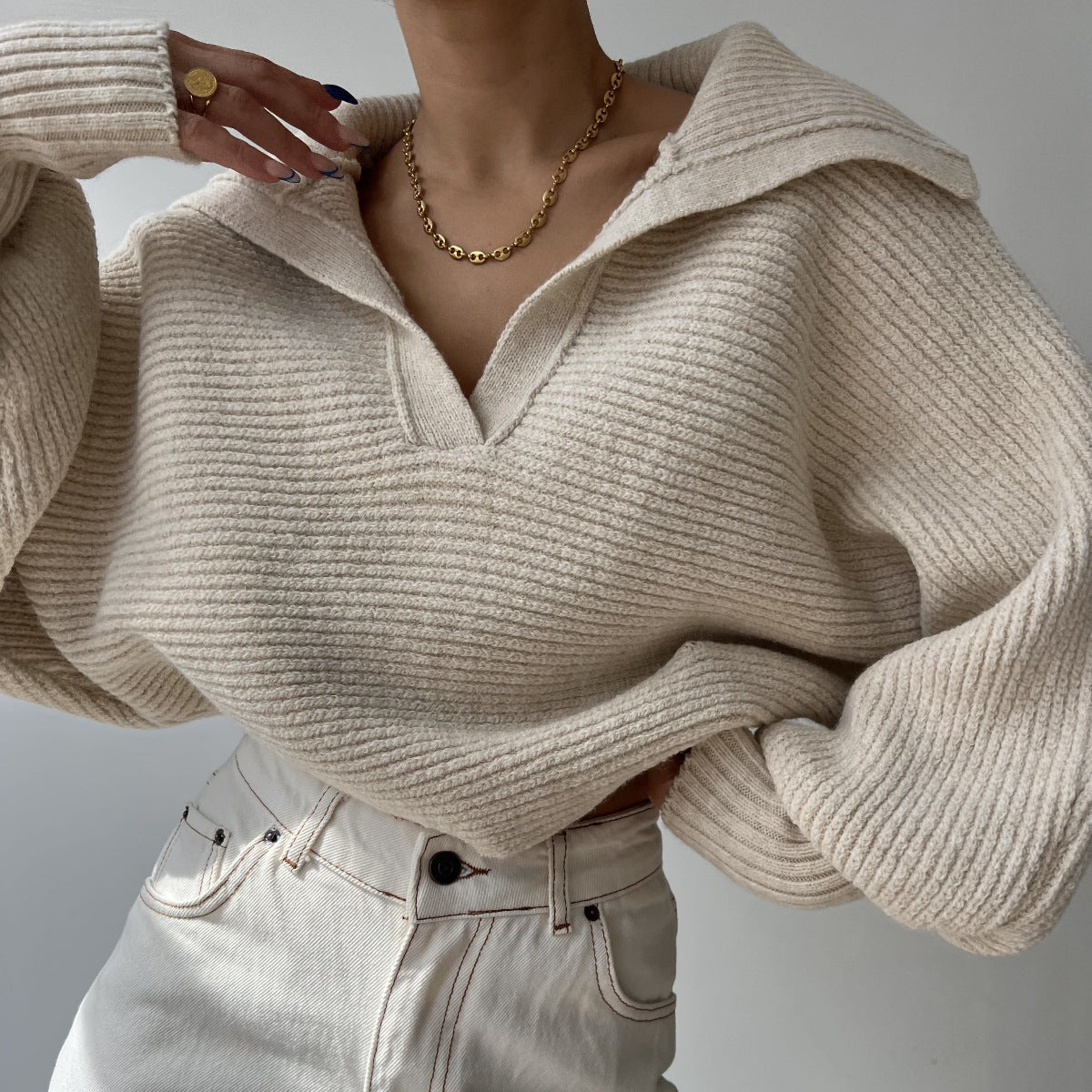 Pullover da donna primavera e autunno lavorato a maglia, maglione bavero