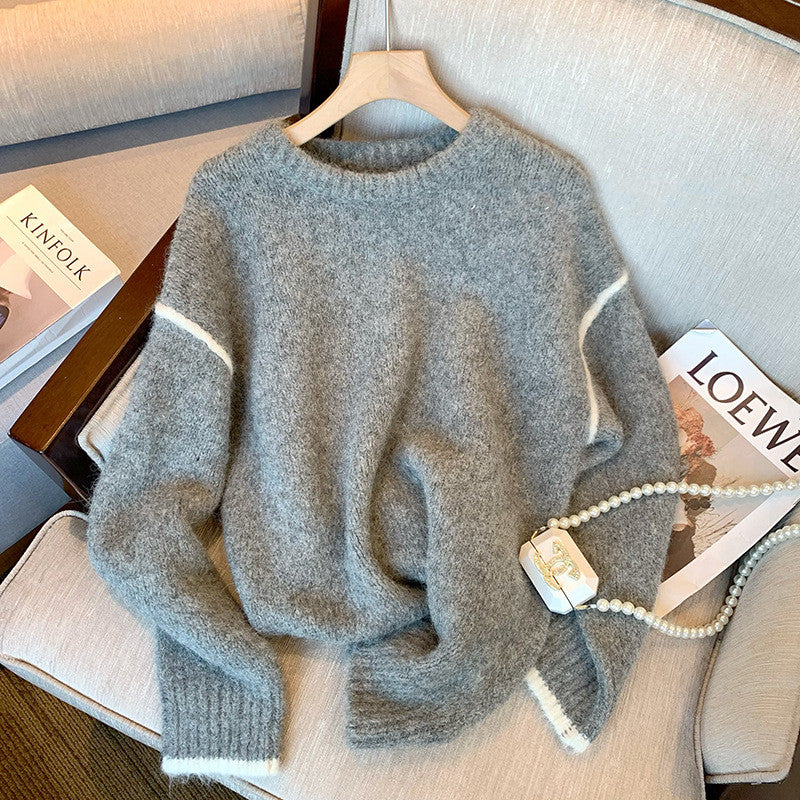 Maglione casual da donna grigio con colletto tondo